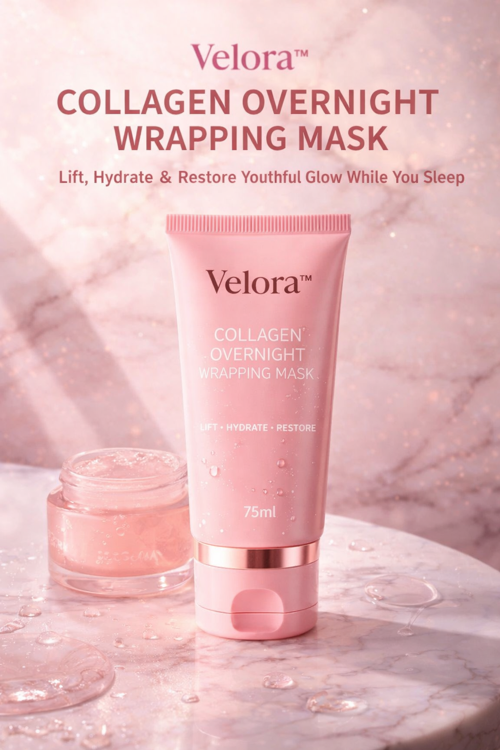 Velora Collagen Overnight Renewal Mask - 75ml luxury skincare jar, pink packaging
