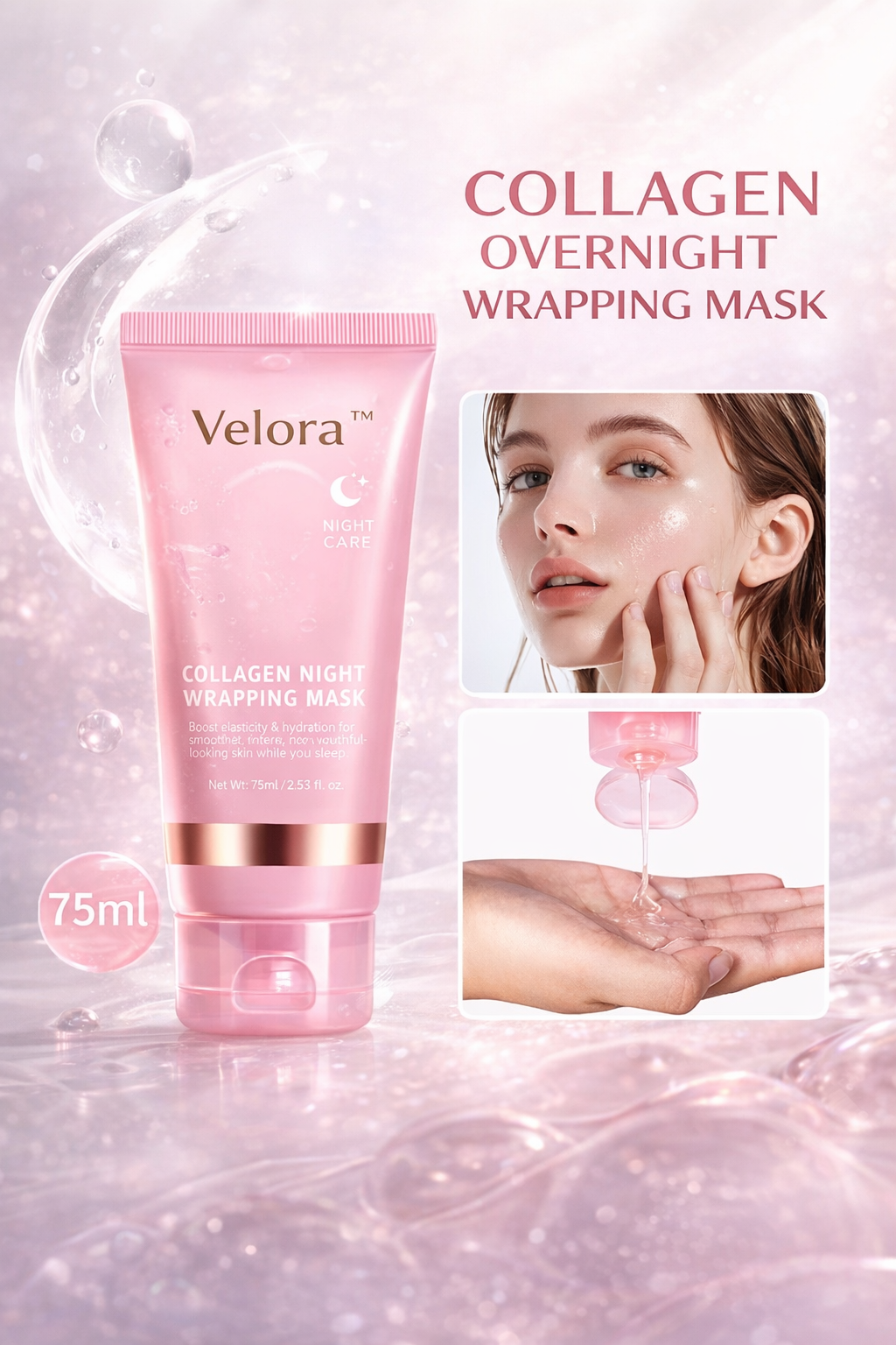 Velora mask texture close-up showing rich collagen-infused formula