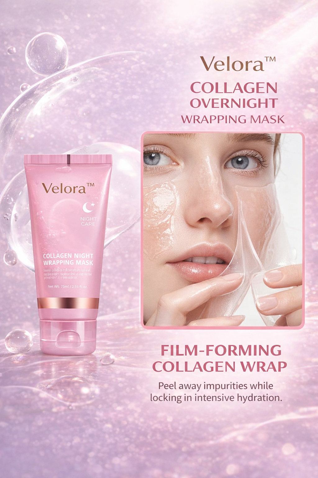 Before and after skin results using Velora Collagen Overnight Mask